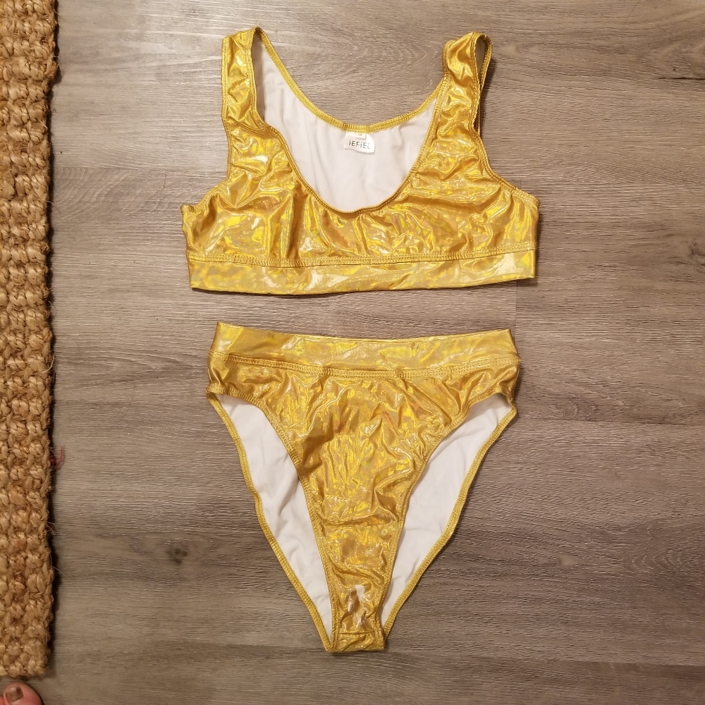 Two Piece Gold Metallic Bikini With Underboob Top